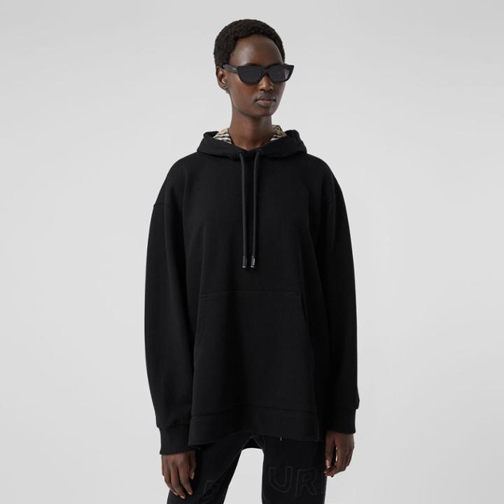 Burberry Burberry Stepped Hem Cotton Oversized Hoodie, Size: L, Black
