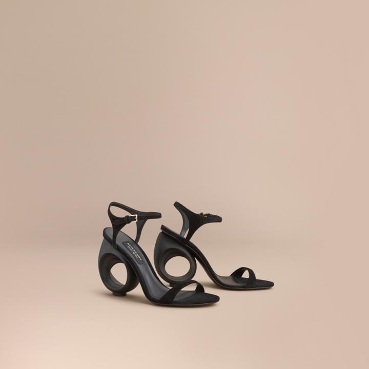 Burberry Burberry Sculpted Heel Suede Sandals, Size: 39.5, Black