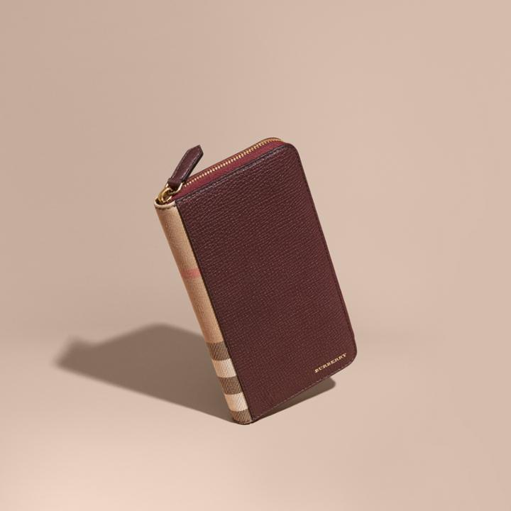 Burberry Burberry House Check And Grainy Leather Ziparound Wallet, Purple