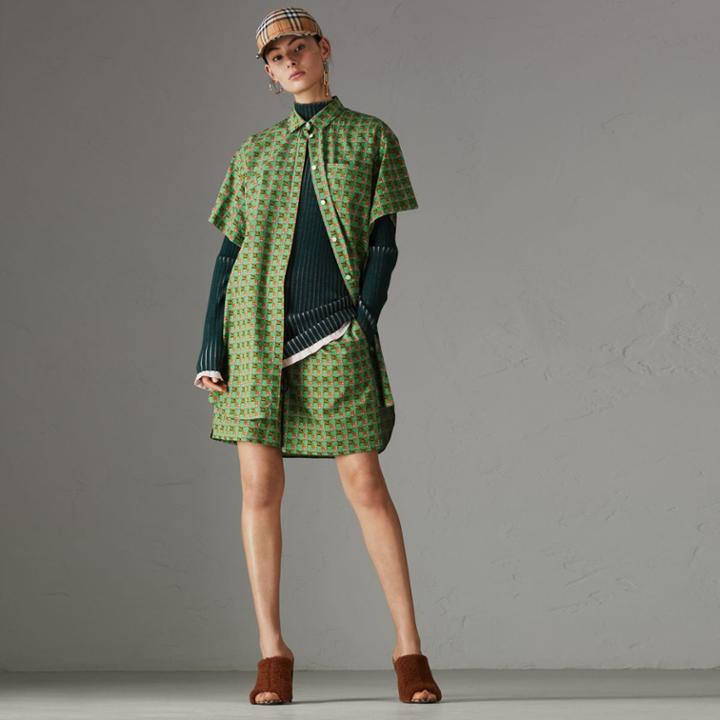Burberry Burberry Equestrian Check Print Cotton Longline Shirt, Size: 04, Green