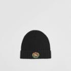 Burberry Burberry Embroidered Crest Rib Knit Wool Cashmere Beanie, Black