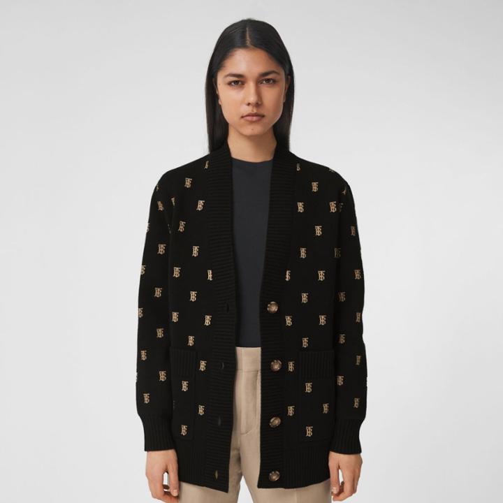 Burberry Burberry Monogram Wool Cashmere Blend Oversized Cardigan, Size: Xl, Black