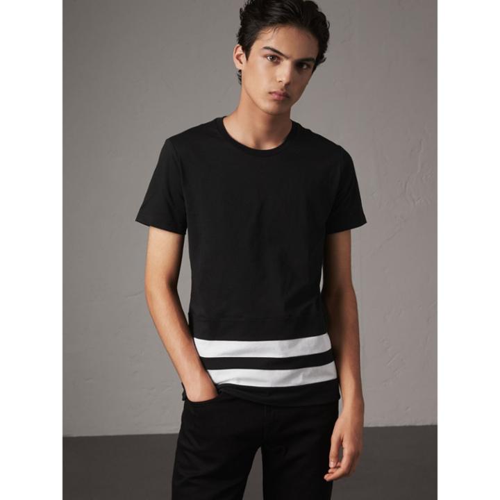 Burberry Burberry Striped Hem Cotton T-shirt, Size: L, Black