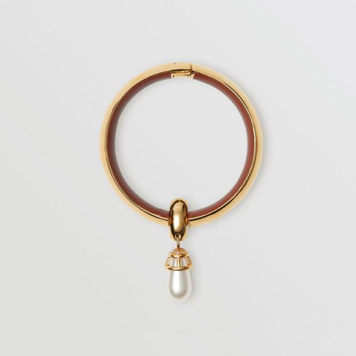 Burberry Burberry Faux Pearl Detail Lambskin And Gold-plated Bangle, Yellow