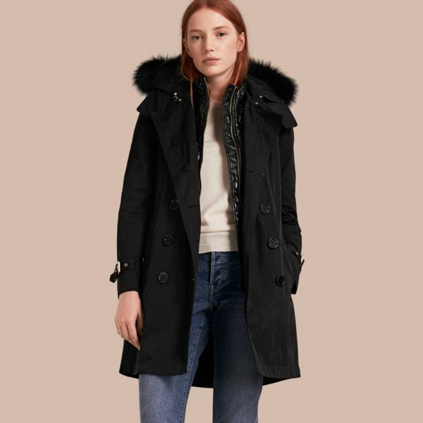 Burberry Fox Fur Trim Hood Trench Coat With Gilet