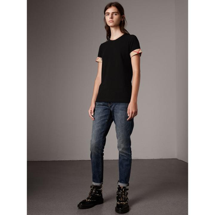 Burberry Burberry Check Cuff Stretch Cotton T-shirt, Black