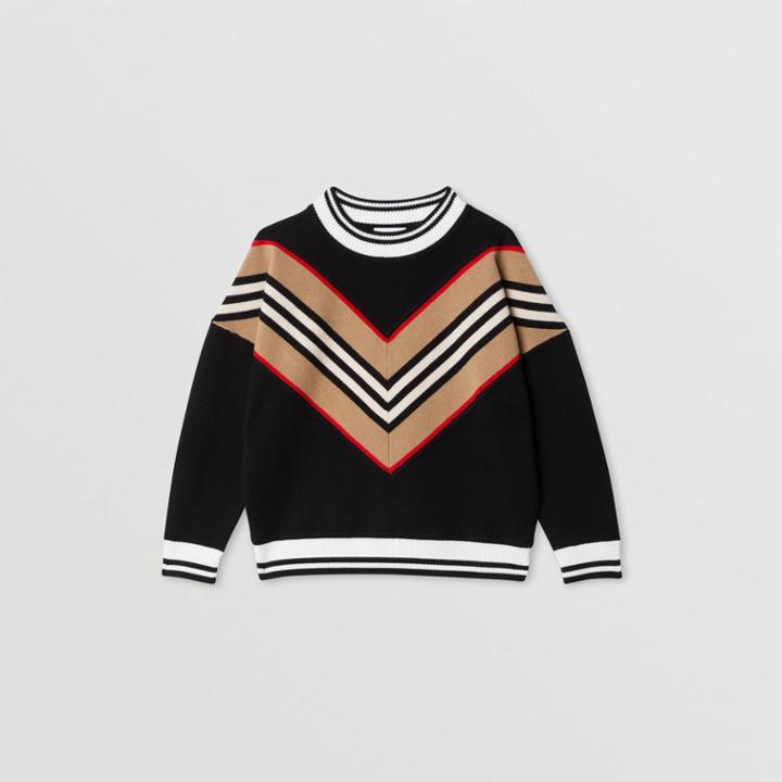 Burberry Burberry Childrens Icon Stripe Panel Wool Blend Sweater, Size: 14y, Black