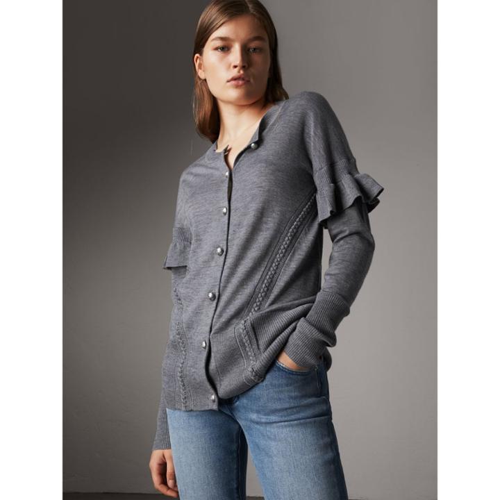 Burberry Burberry Ruffle-sleeve Braid Detail Wool Cashmere Cardigan, Grey