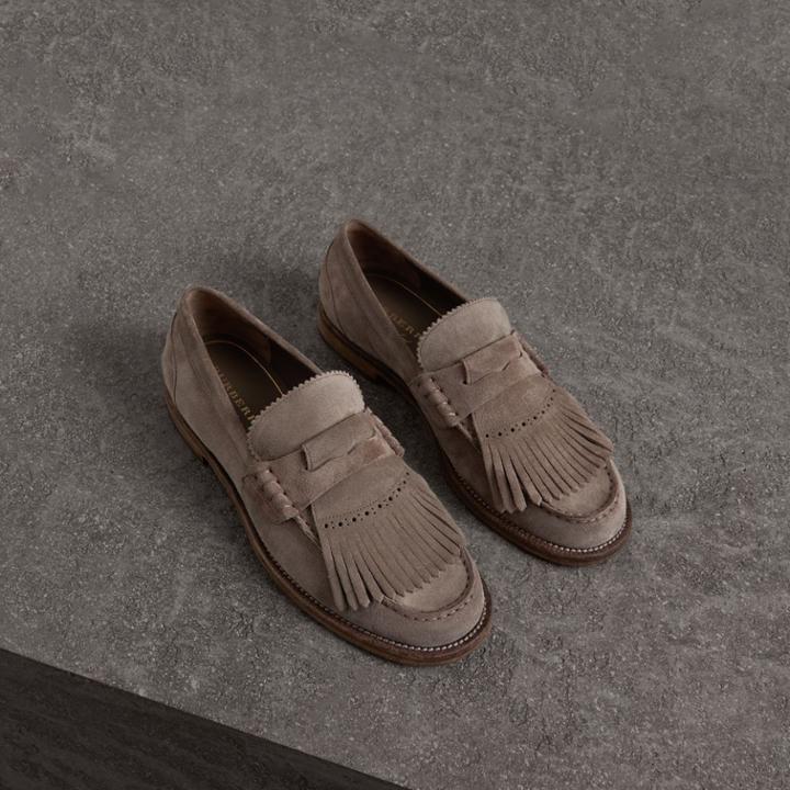 Burberry Burberry Kiltie Fringe Suede Loafers, Size: 43.5, Grey