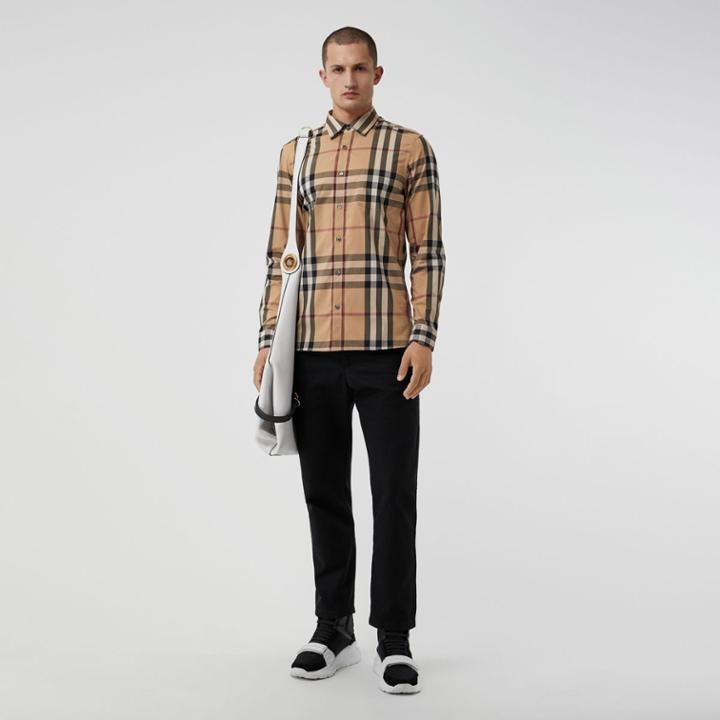 Burberry Burberry Check Stretch Cotton Shirt, Size: Xxl, Brown