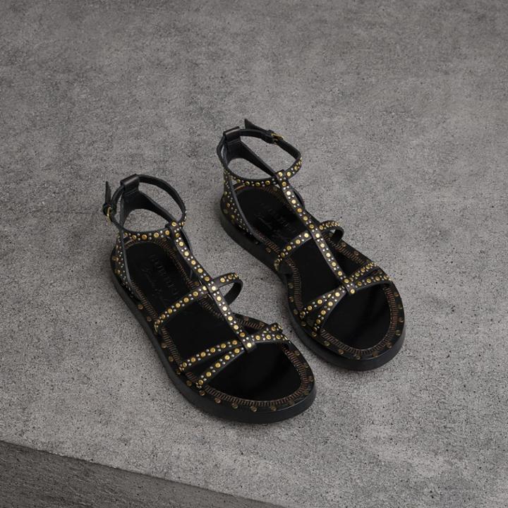 Burberry Burberry Riveted Leather Gladiator Sandals, Size: 40, Black