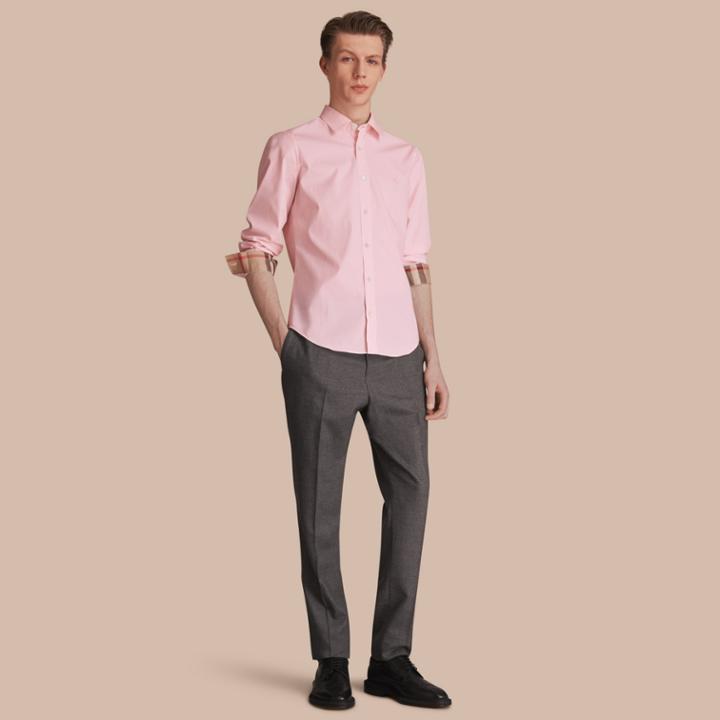 Burberry Burberry Check Detail Stretch Cotton Poplin Shirt, Size: Xl, Pink
