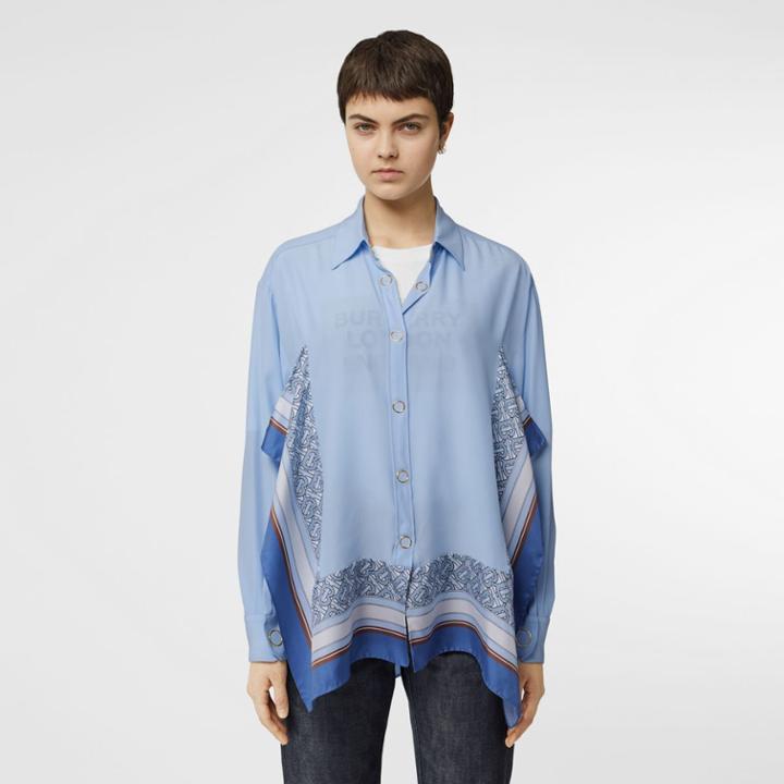 Burberry Burberry Monogram Print Trim Silk Shirt, Size: 00, Blue