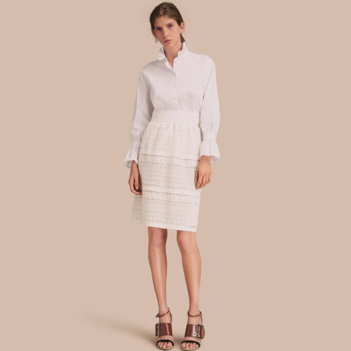 Burberry Burberry Ruffle Detail Stretch Cotton Poplin Shirt, Size: 08, White