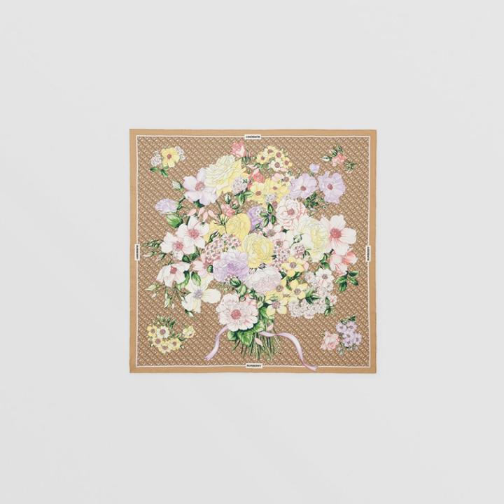 Burberry Burberry Floral And Monogram Print Silk Square Scarf, Beige