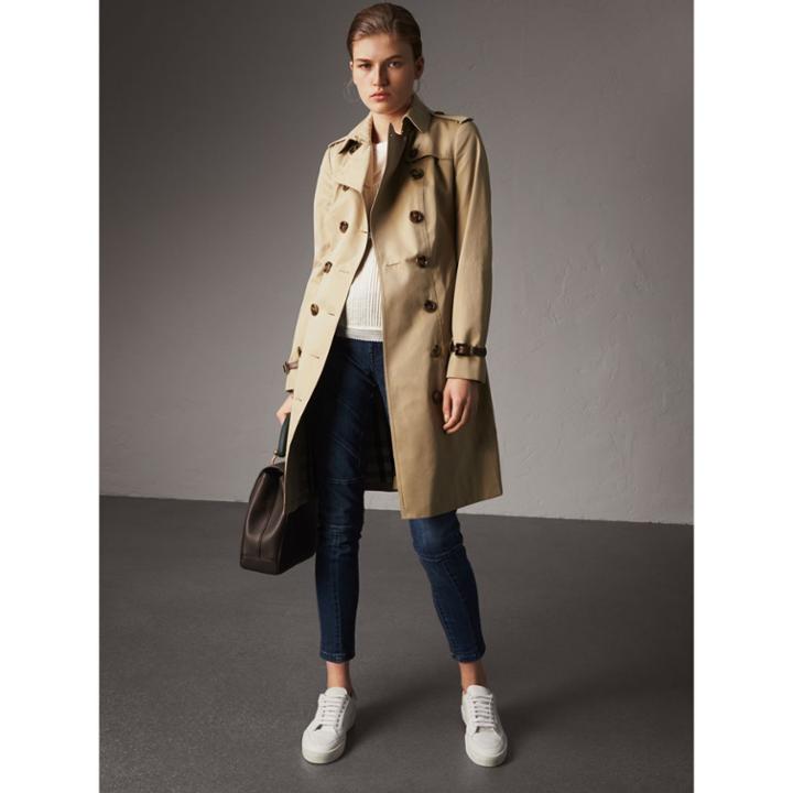 Burberry Burberry Leather Trim Cotton Gabardine Trench Coat, Size: 02, Yellow