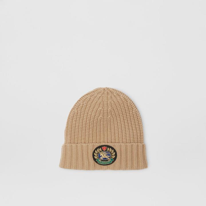 Burberry Burberry Embroidered Crest Rib Knit Wool Cashmere Beanie, Grey