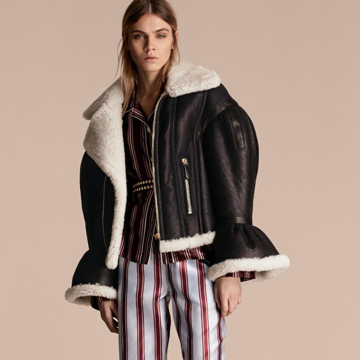 Burberry Burberry Sculptural Shearling Flight Jacket, Size: 46, Black