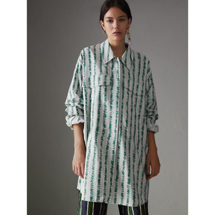 Burberry Burberry Scribble Stripe Print Silk Cotton Longline Shirt, Size: 04, Red
