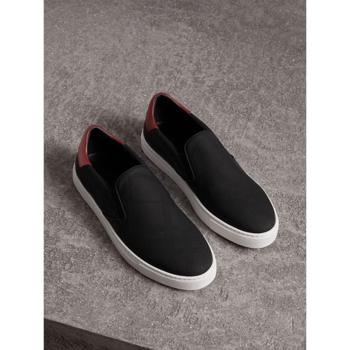 Burberry Burberry Perforated Check Leather Slip-on Trainers, Size: 45.5, Black