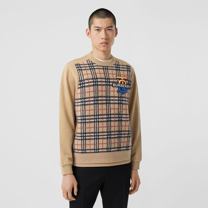 Burberry Burberry Monogram Motif Check Cashmere Panel Sweatshirt, Beige