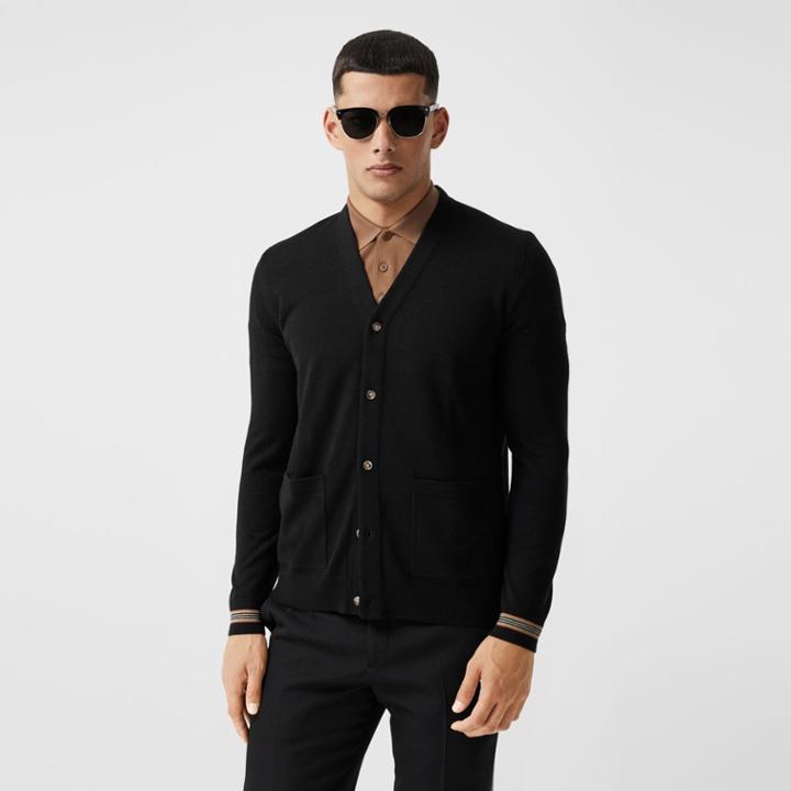 Burberry Burberry Icon Stripe Trim Merino Wool Cardigan, Black
