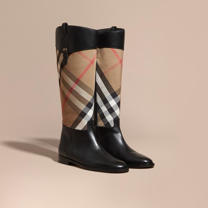 Burberry Burberry House Check And Leather Riding Boots, Size: 42, Black