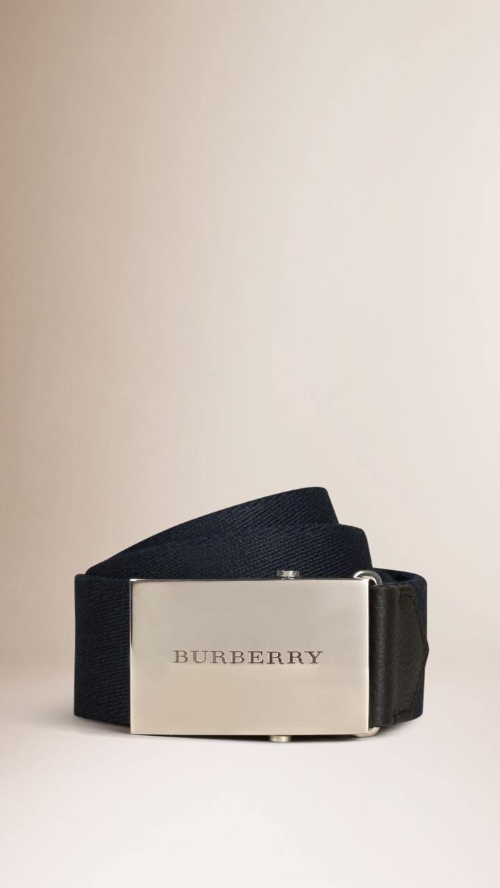 Burberry Burberry Plaque Buckle Webbed Canvas Belt, Size: 80, Blue