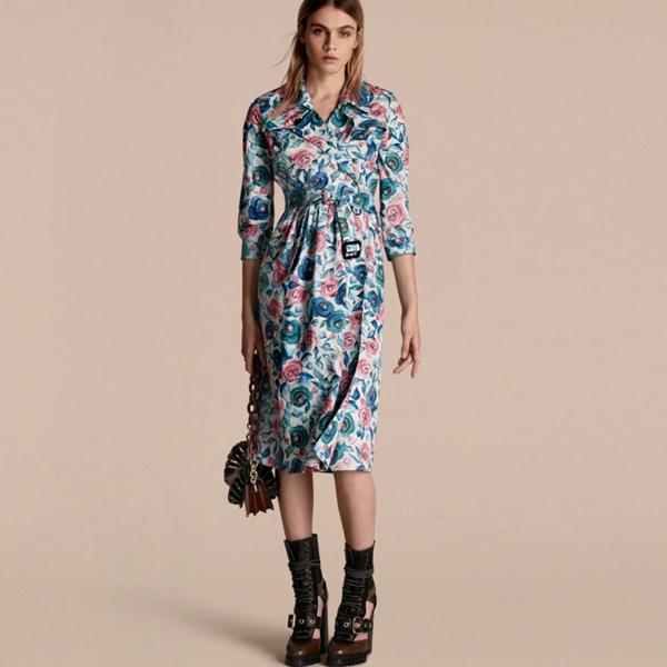 Burberry Watercolour Rose Print Cotton Silk Trench Dress