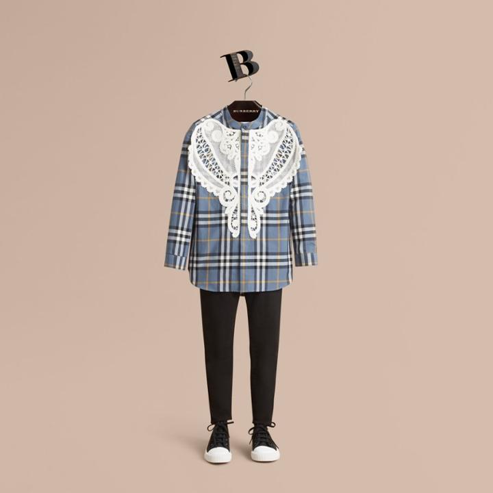 Burberry Burberry Unisex Lace Appliqu Check Cotton Shirt, Size: 10y, Blue