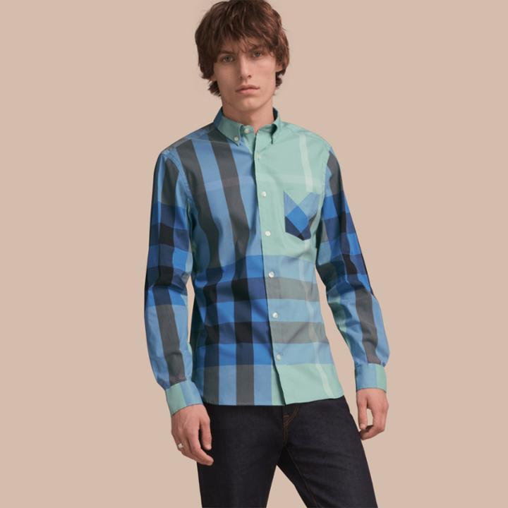 Burberry Burberry Button-down Collar Check Stretch Cotton Blend Shirt, Size: Xs, Blue