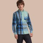 Burberry Burberry Button-down Collar Check Stretch Cotton Blend Shirt, Size: Xs, Blue