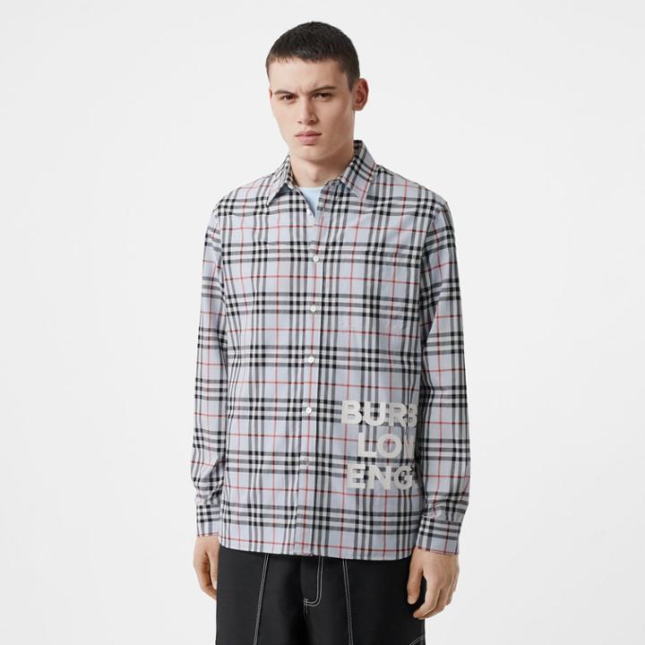 Burberry Burberry Logo Print Check Cotton Oversized Shirt, Size: M, Blue