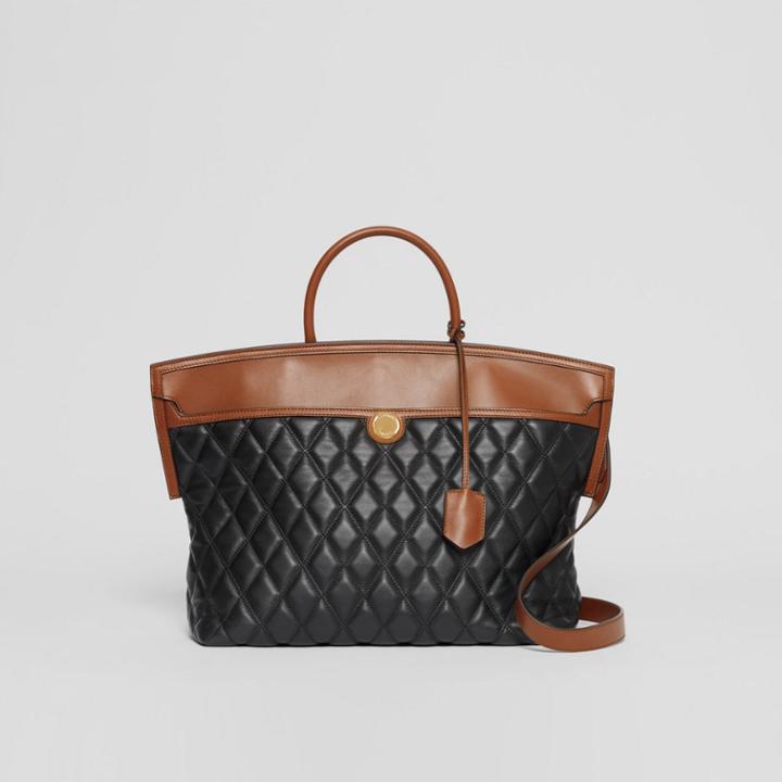 Burberry Burberry Quilted Lambskin Society Top Handle Bag, Black
