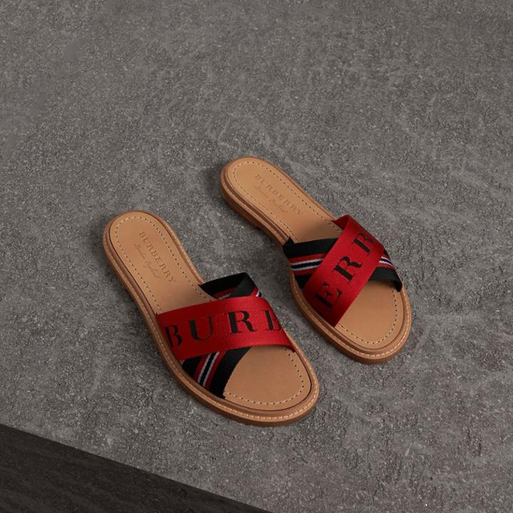 Burberry Burberry Striped Nylon And Leather Slides, Size: 37, Black