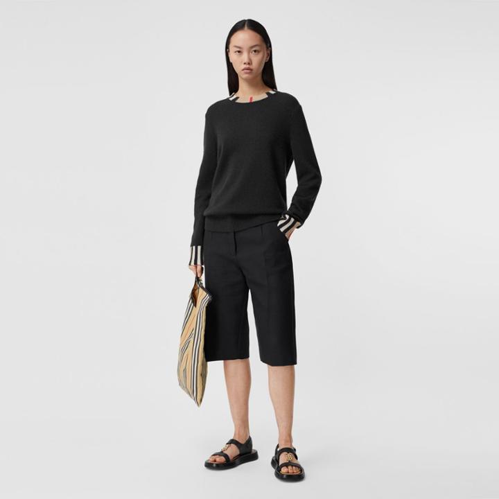 Burberry Burberry Icon Stripe Trim Cashmere Sweater, Size: L, Black