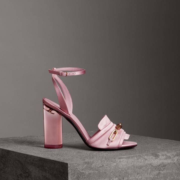 Burberry Burberry Link Detail Perspex Heel Satin Sandals, Size: 35, Pink