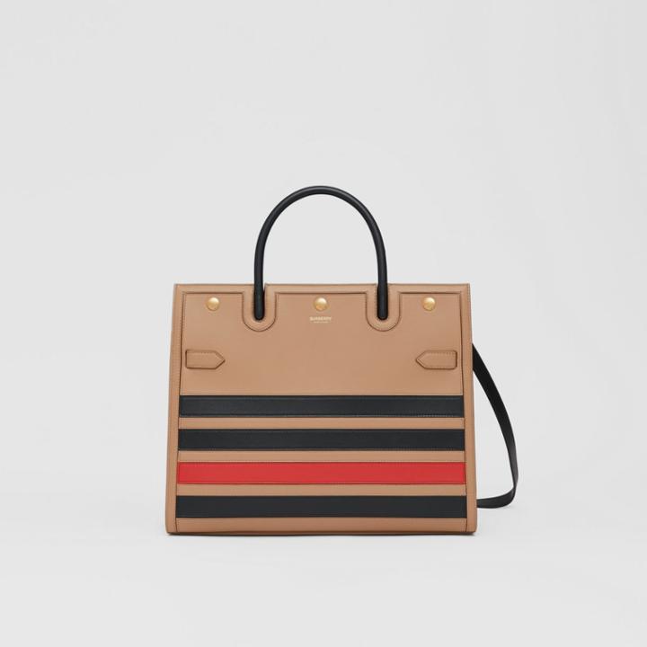 Burberry Burberry Medium Striped Intarsia Leather Two-handle Title Bag, Beige