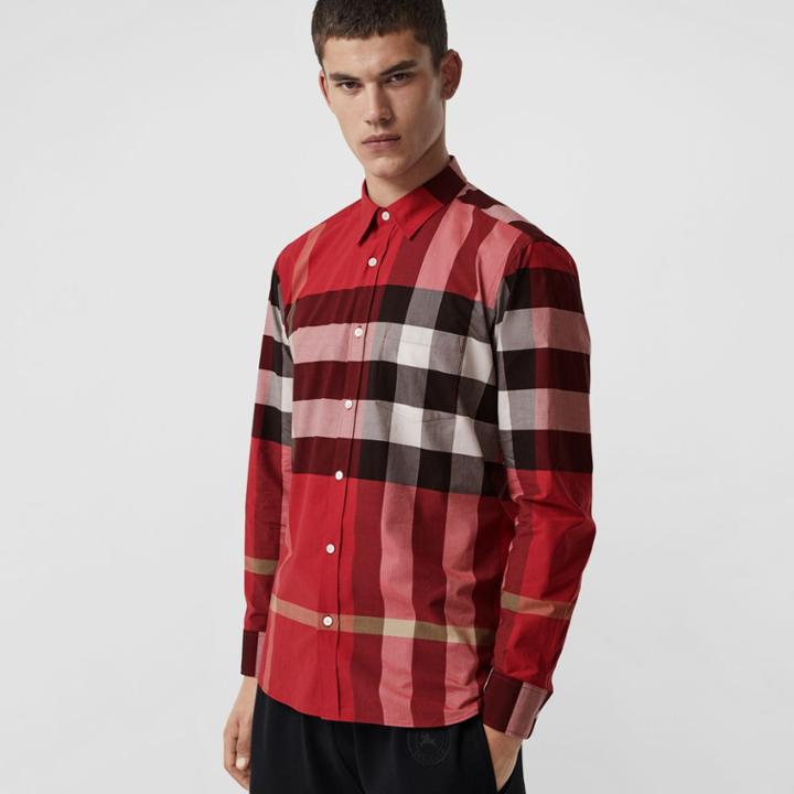 Burberry Burberry Check Stretch Cotton Shirt, Size: Xl, Purple