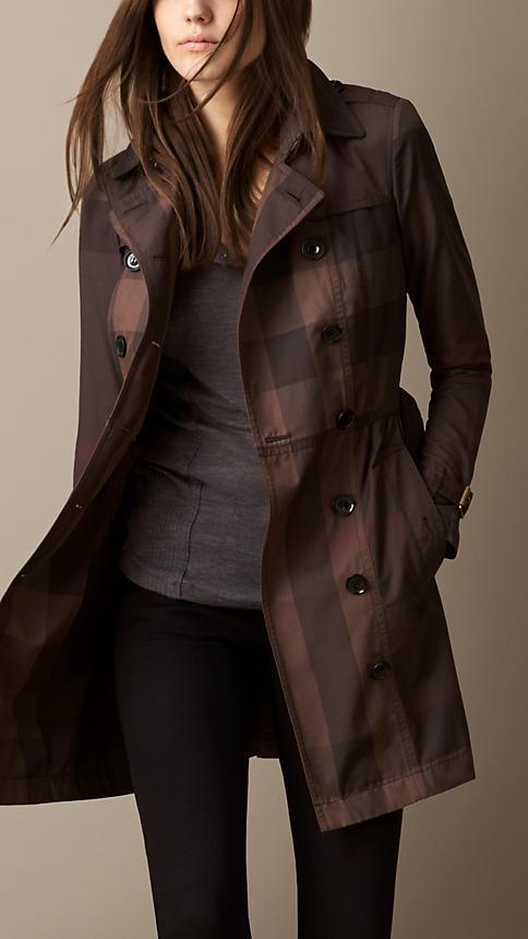 Burberry Mid-length Cotton Satin Check Trench Coat | LookMazing