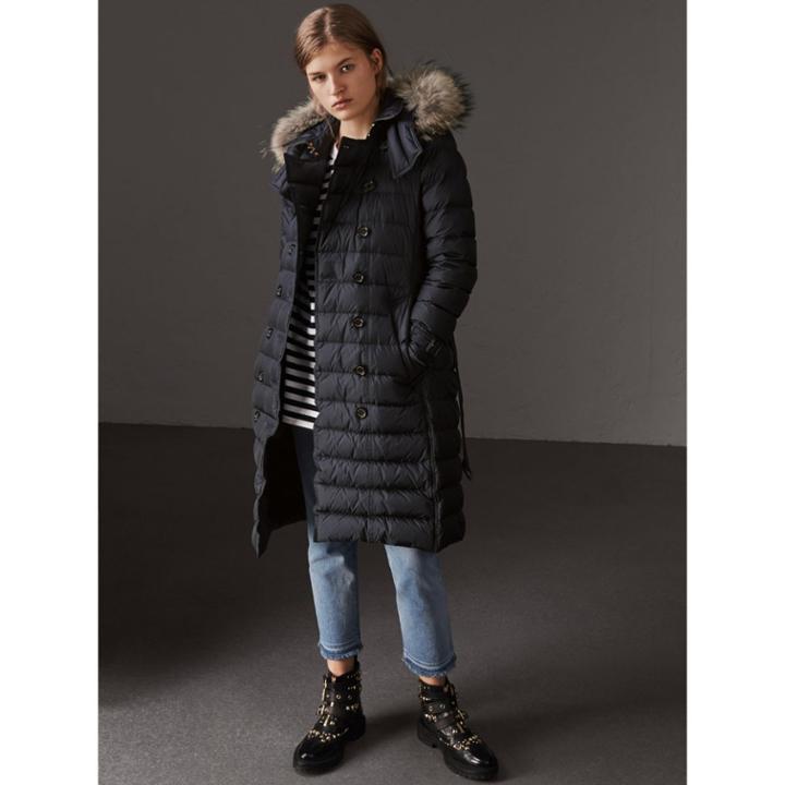 Burberry Burberry Detachable Hood Fur Trim Down-filled Puffer Coat, Size: Xs, Blue