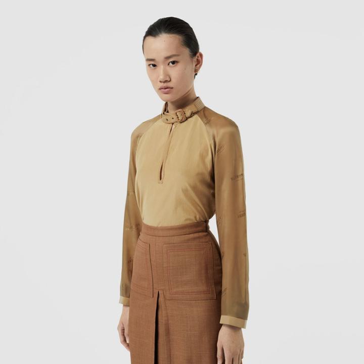 Burberry Burberry Buckle Collar Contrast-sleeve Silk Cotton Top, Size: 04, Beige