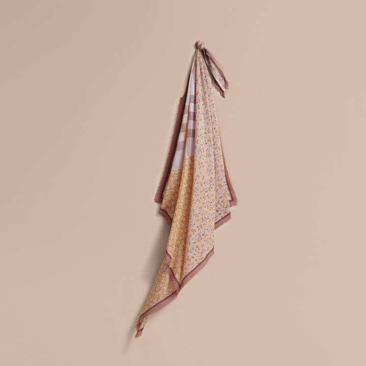 Burberry Burberry Lightweight Floral And Check Print Cotton Silk Scarf, Yellow