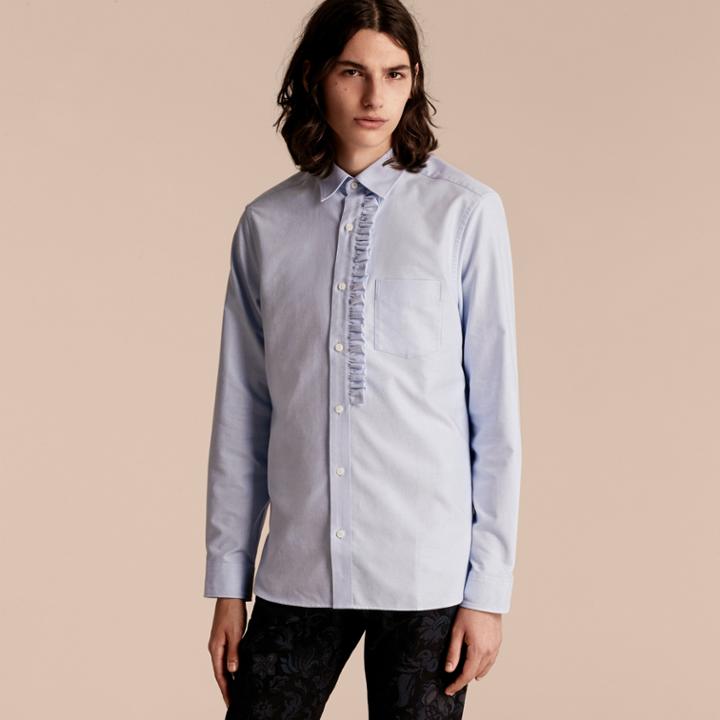 Burberry Burberry Ruffle Detail Cotton Oxford Shirt, Blue