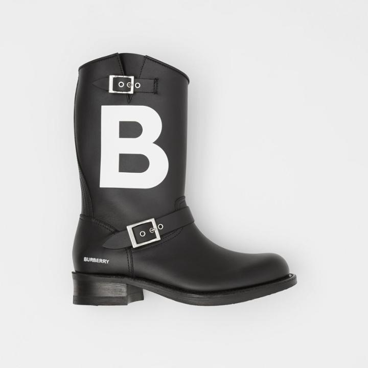 Burberry Burberry Tb Motif Leather Biker Boots, Size: 41, Black