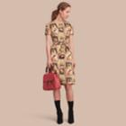 Burberry Burberry Framed Heads Print Cotton Shift Dress, Size: 08, Brown
