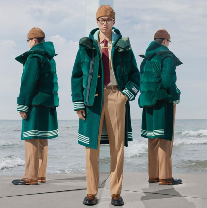 Burberry Burberry Stripe Detail Double-faced Wool Duffle Coat, Size: 50, Green