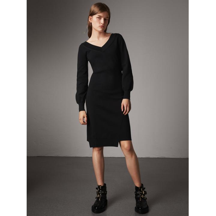 Burberry Burberry Asymmetric Knitted V-neck Dress, Black