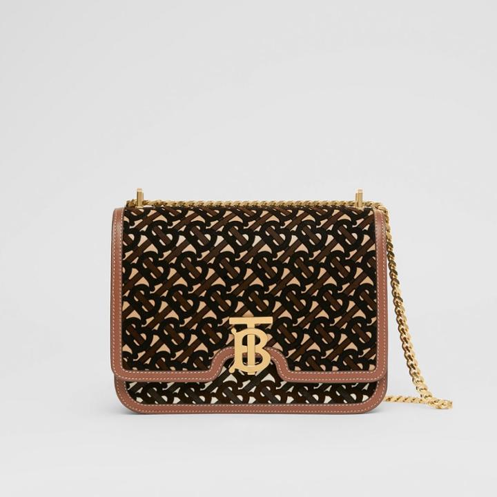 Burberry Burberry Medium Monogram Flocked Leather Tb Bag, Brown