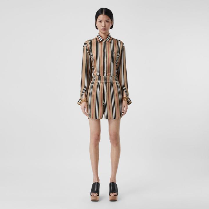 Burberry Burberry Icon Stripe Silk Shorts, Size: 0, Beige
